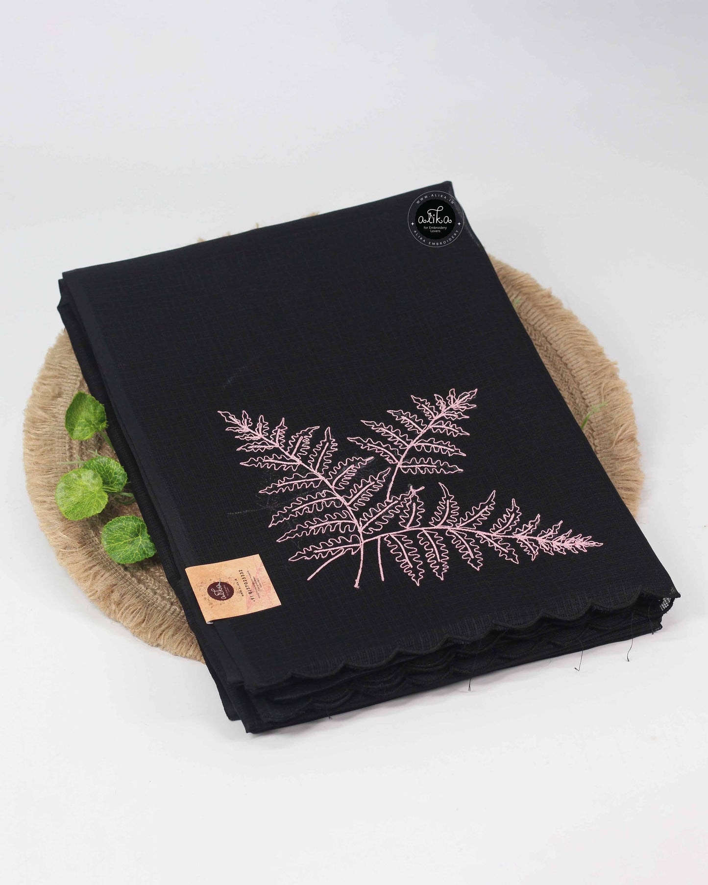 Black Silky Kota Saree with Pink Embroidery