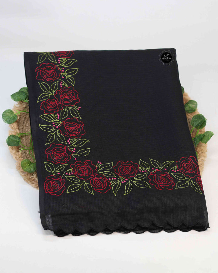 Black Silky Kota Saree with Red &amp; Green Floral Embroidery