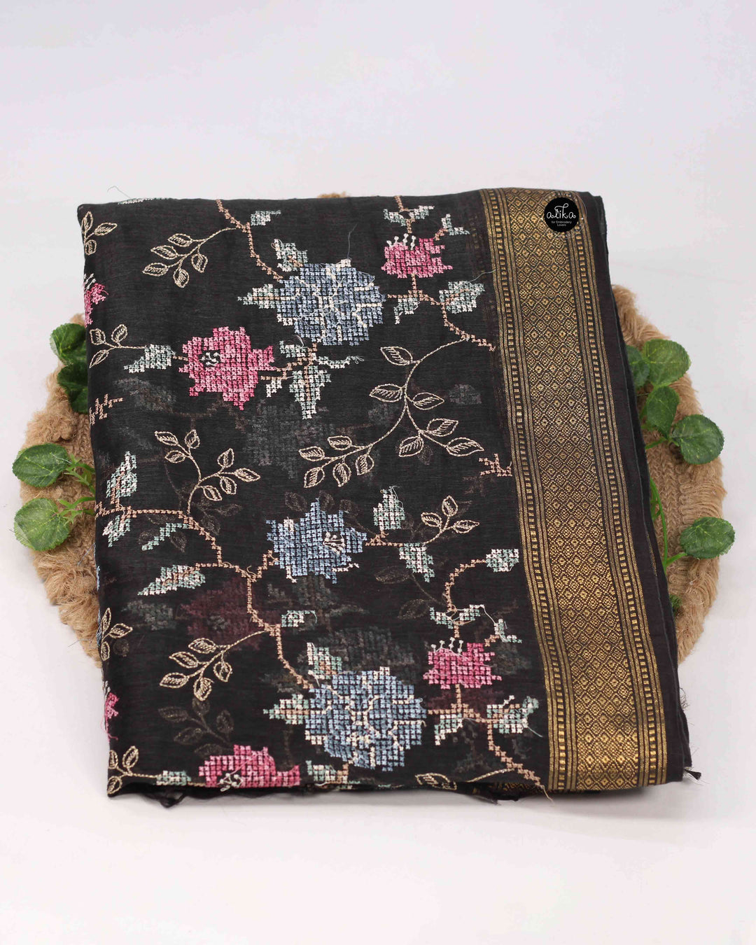 Black Chanderi Silk Saree with Cross Stitch Embroidery