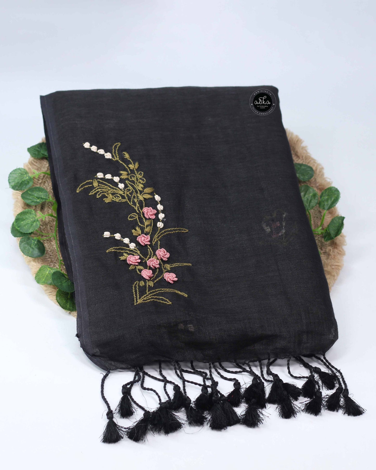 Black Pure Linen Saree with Floral Hand Embroidery