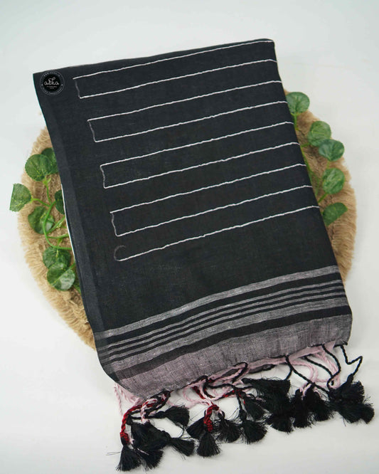 Double-Sided Pure Linen Saree with Tassels