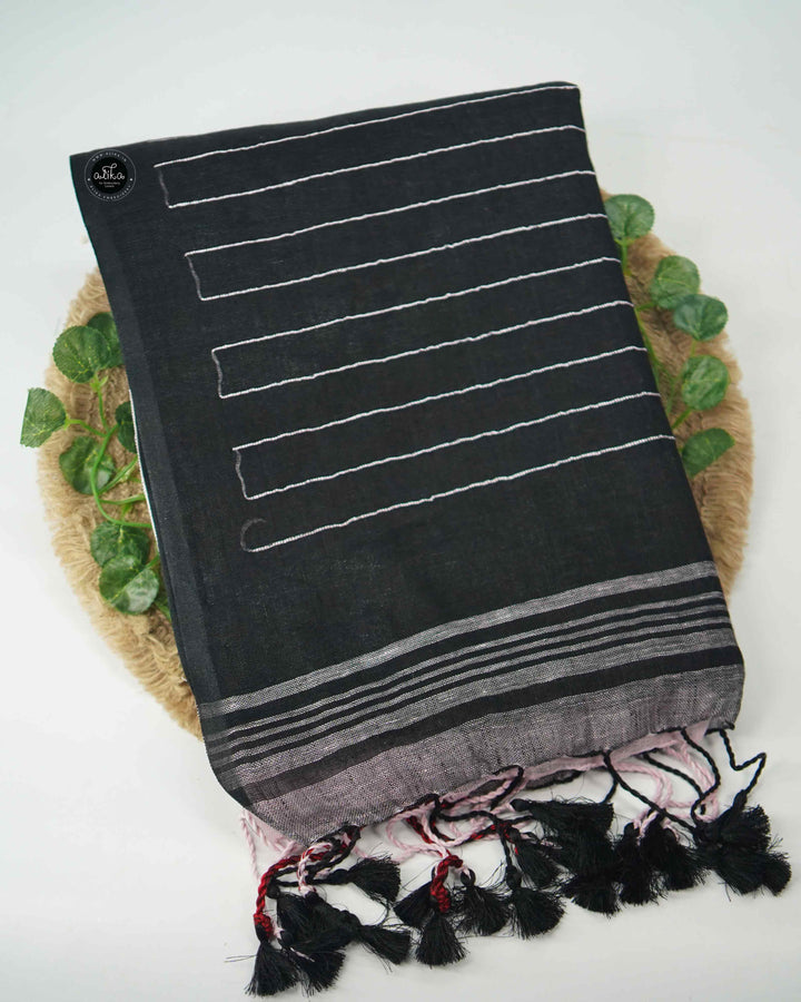 Double-Sided Pure Linen Saree with Tassels