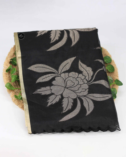 Black Silky kota Saree with Gold Appliqué Work – Designer Party Wear