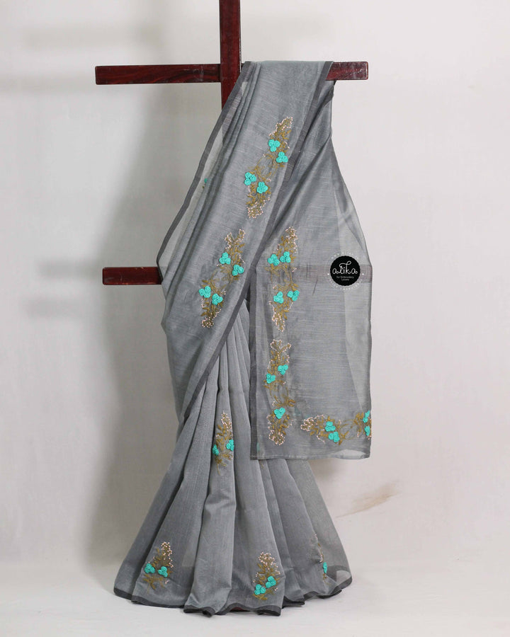 Gray Kota Saree with Floral Hand Embroidery