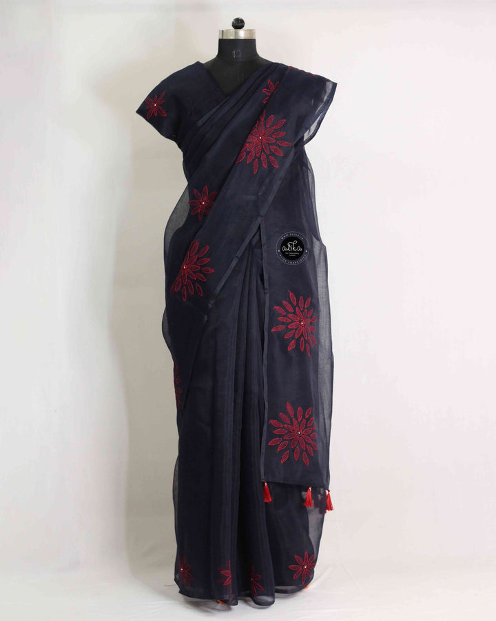 Black Kota Saree with Red Floral Shadow Work &amp; Bead Embellishments