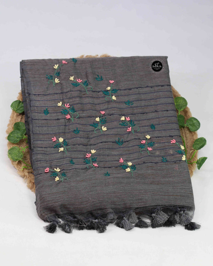 Dark Gray Bamboo Silk Saree with Floral Hand Embroidery