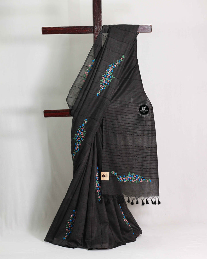 Black Bamboo Silk Saree with Floral Hand Embroidery