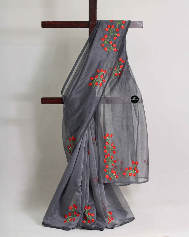 Charcoal Gray Kota Saree with Floral Ribbon Embroidery