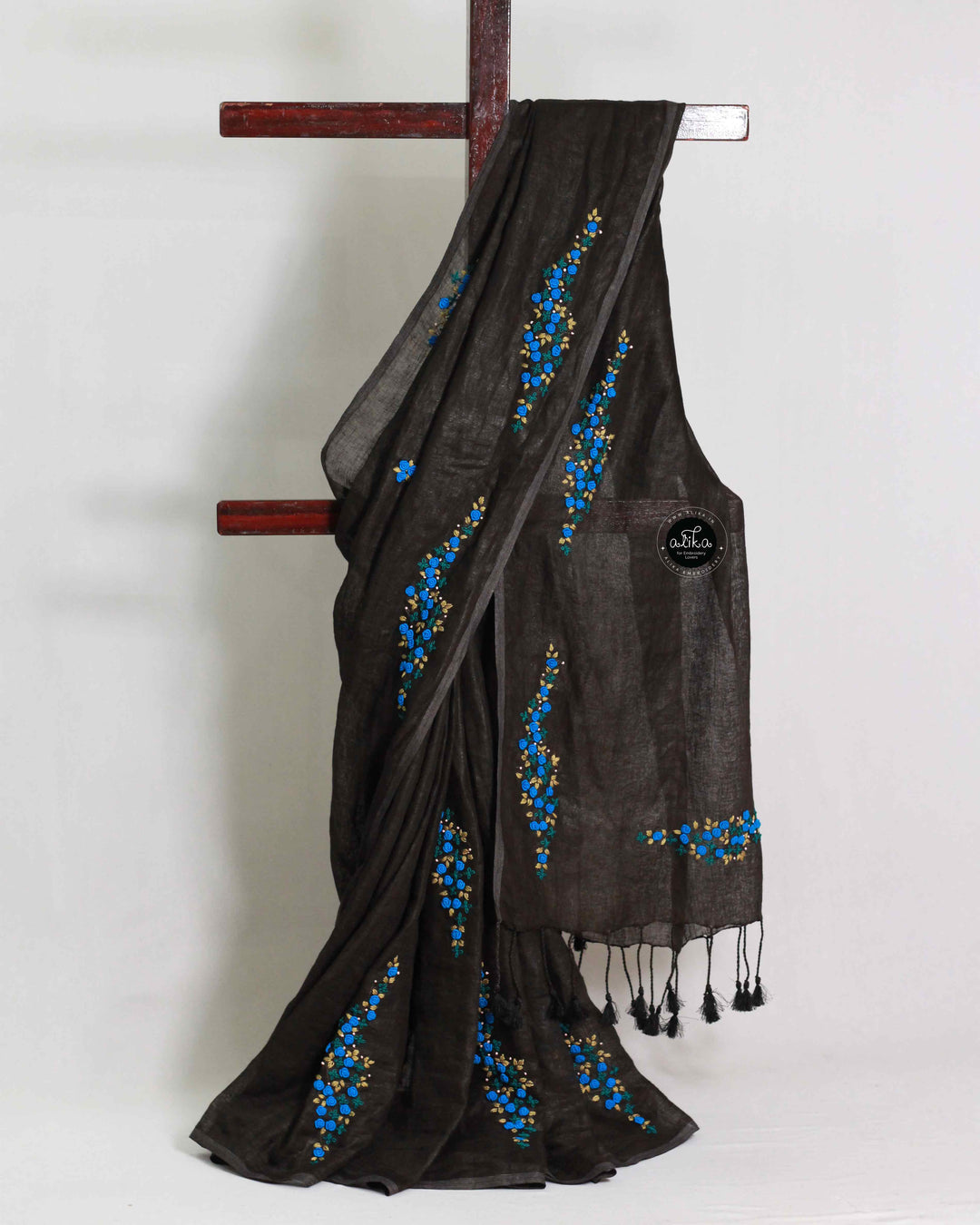 Black Pure Linen Saree with Floral Hand Embroidery