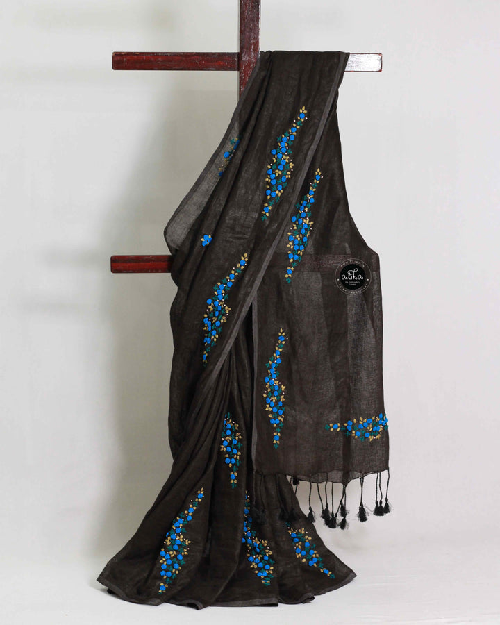 Black Pure Linen Saree with Floral Hand Embroidery