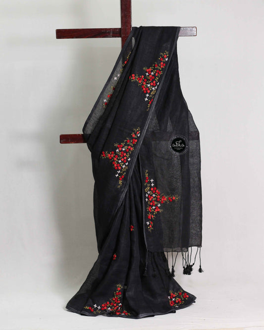 Black Pure Linen Saree with Red Floral Hand Embroidery