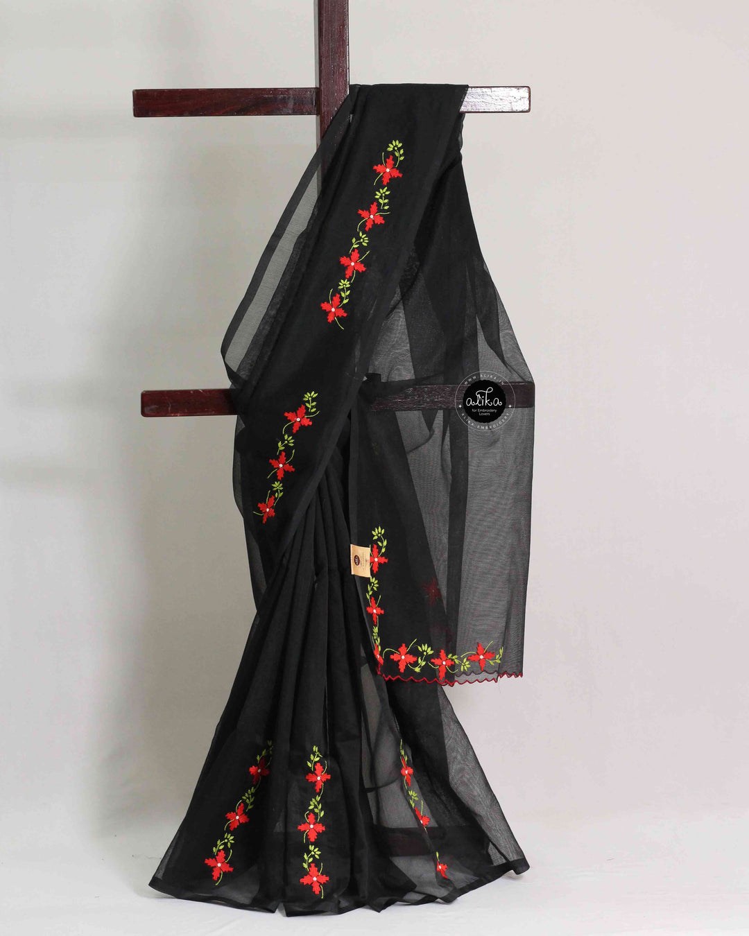 Black Kota Saree with Floral Machine Embroidery