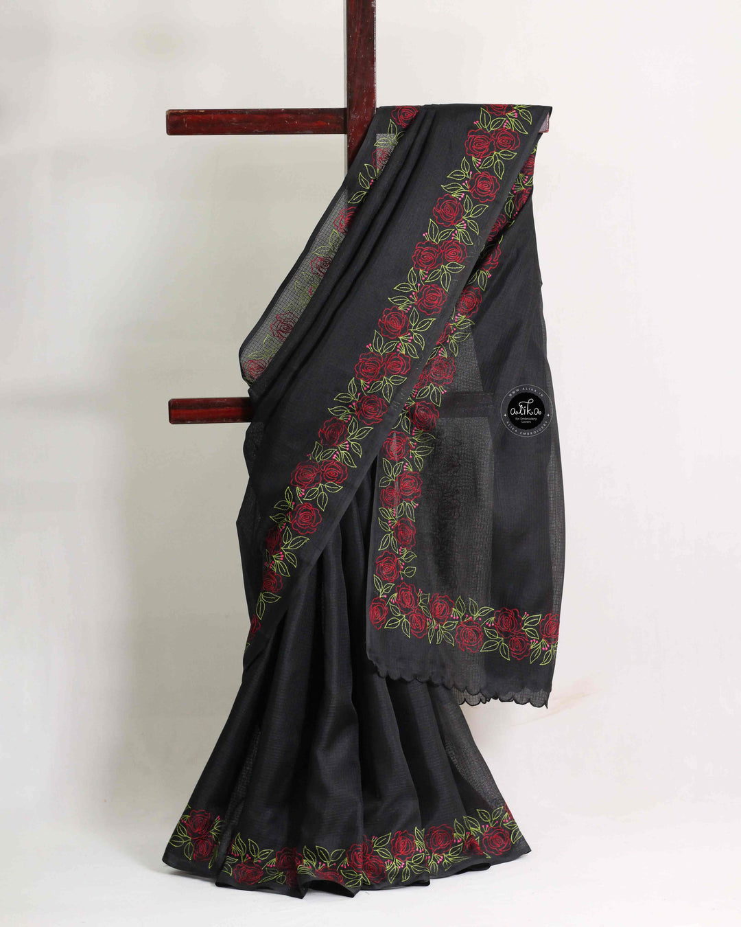 Black Silky Kota Saree with Red &amp; Green Floral Embroidery