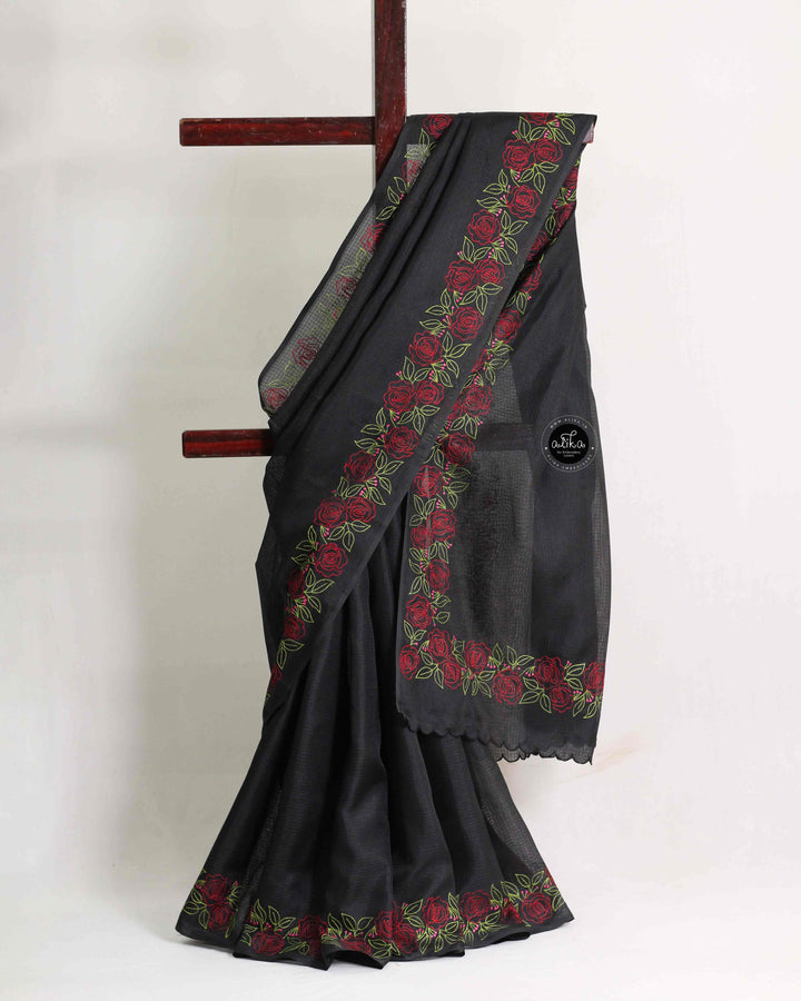Black Silky Kota Saree with Red &amp; Green Floral Embroidery