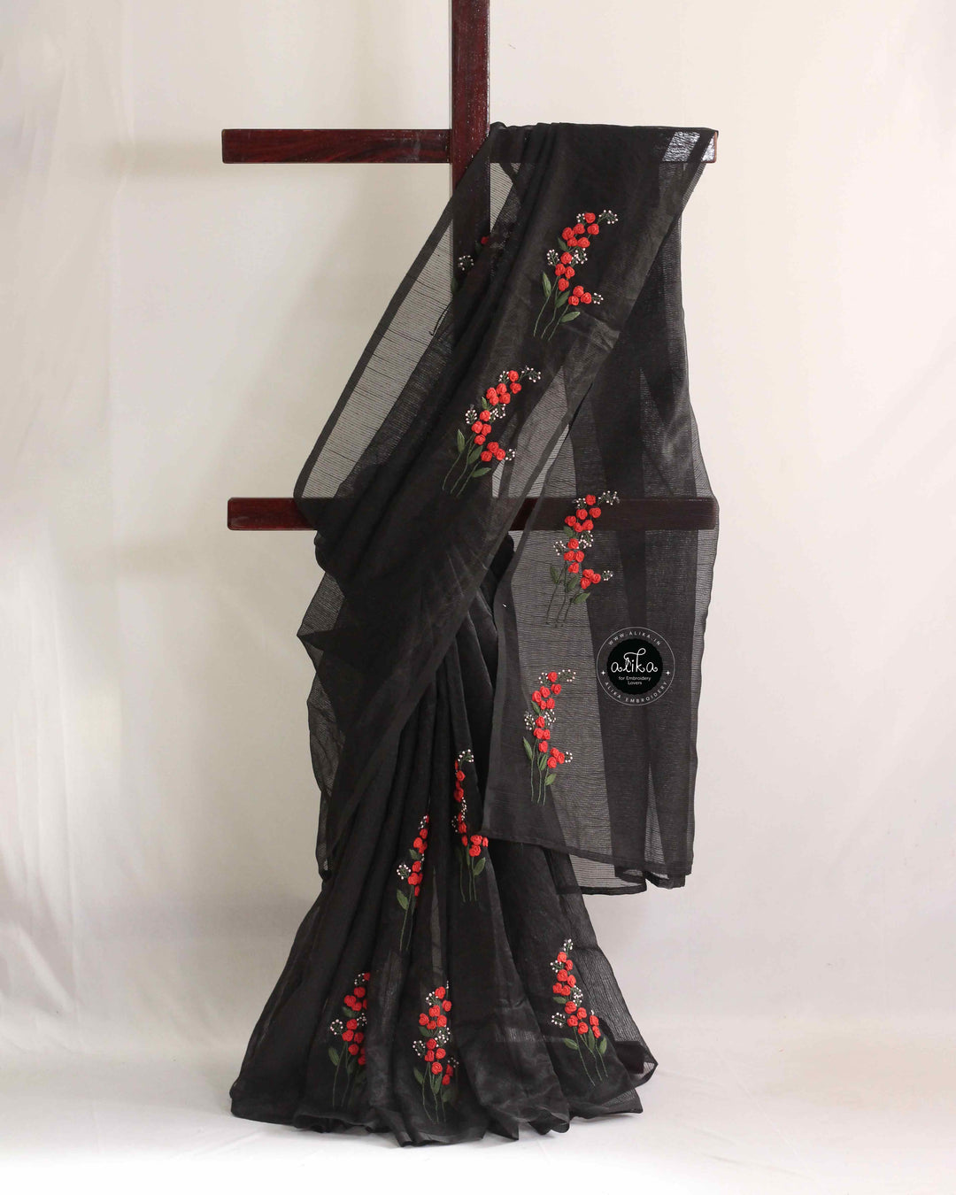 Black Kota Saree with Red Floral Hand Embroidery