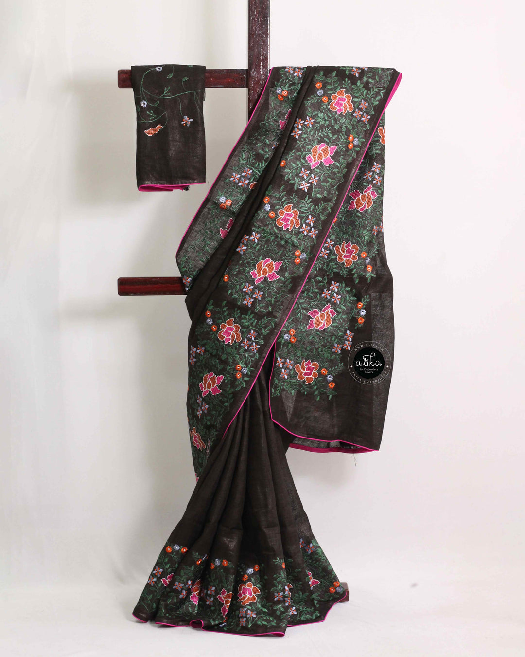 Brownish Black Linen Saree with Full Border Floral Machine Embroidery &amp; Piping – Subtle Luxury