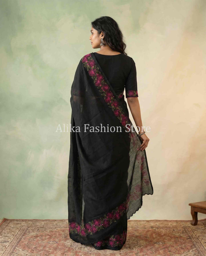 Black Silky Kota Saree with Red &amp; Green Floral Embroidery