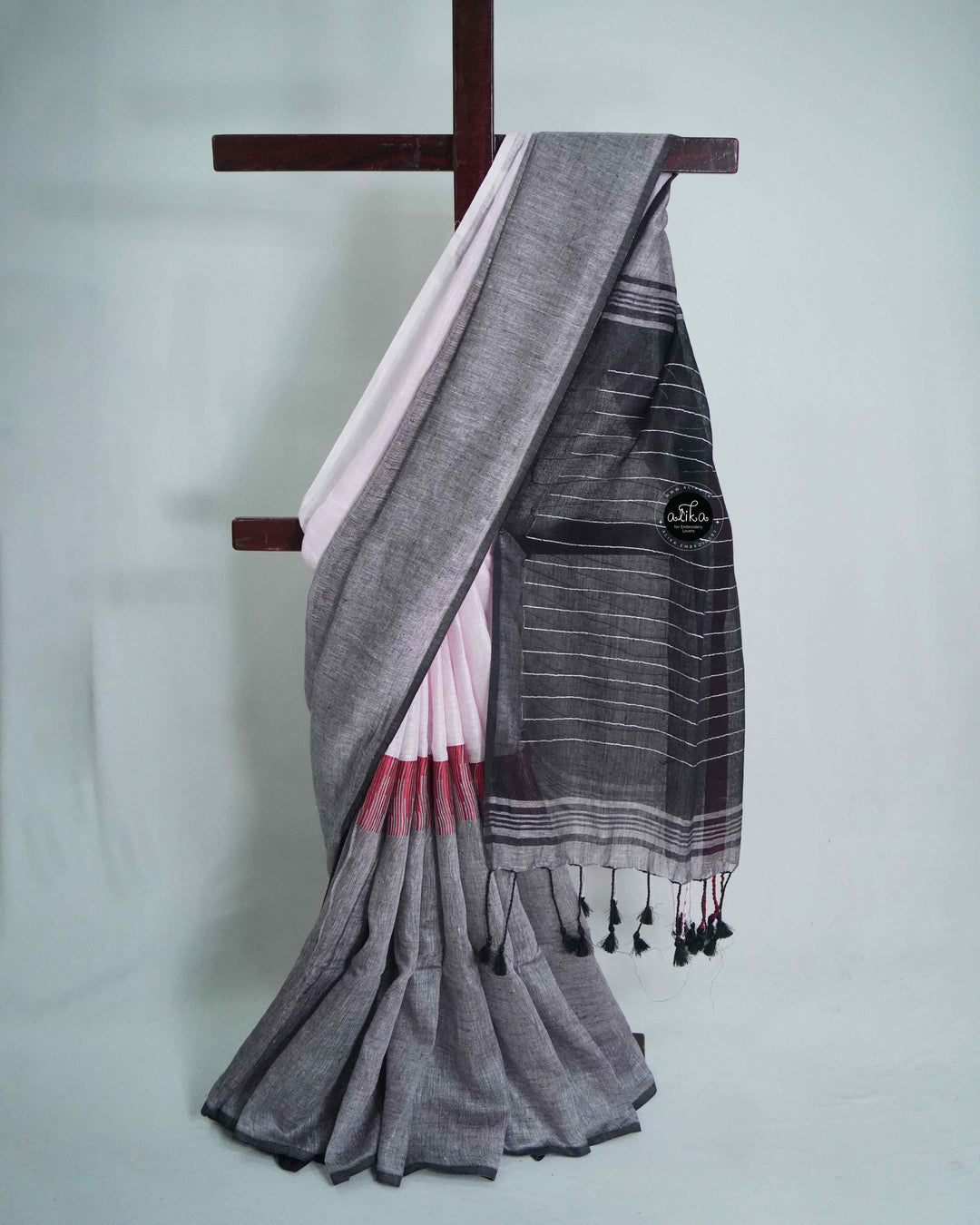 Double-Sided Pure Linen Saree with Tassels