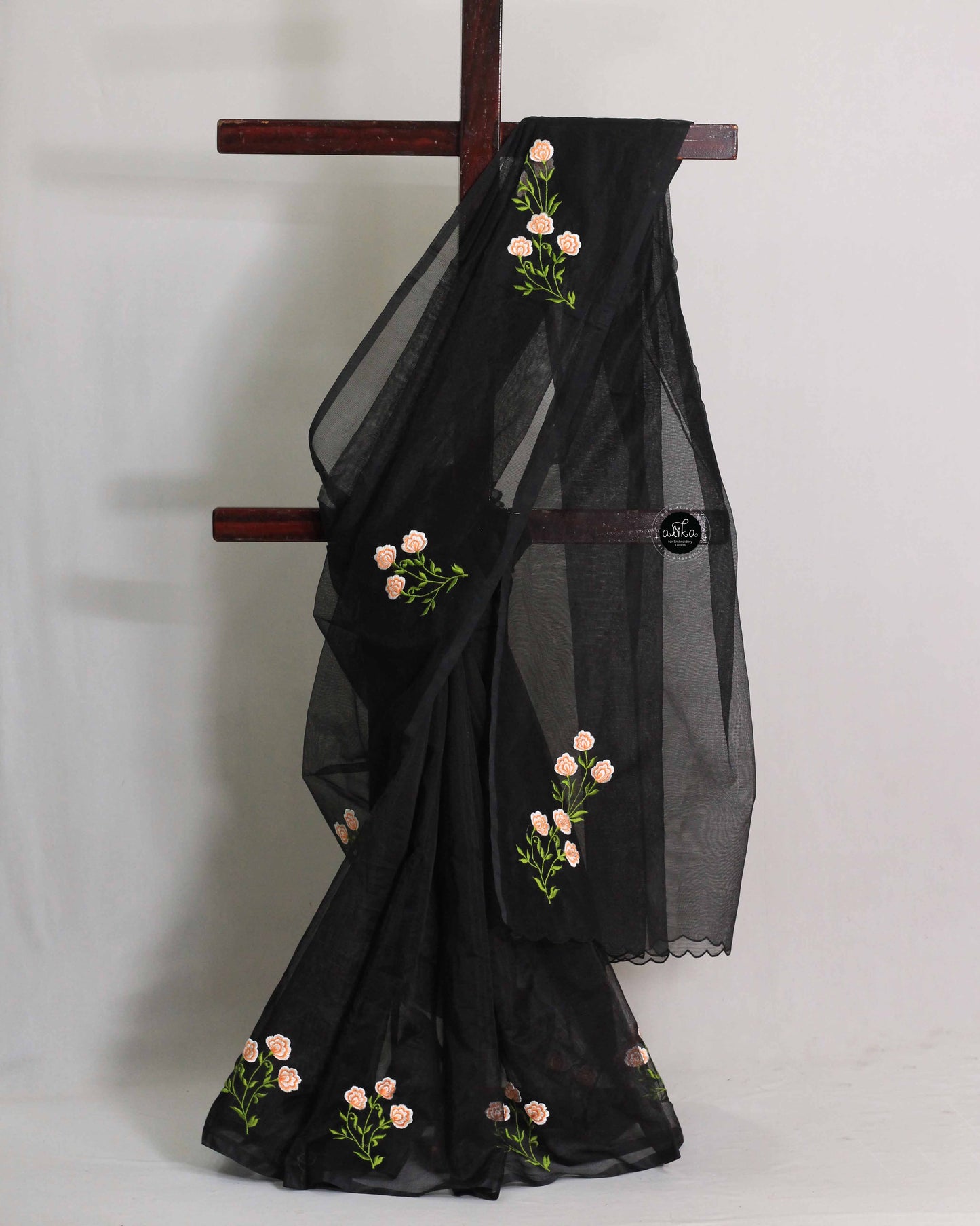 Black Kota Saree with Floral Machine Embroidery