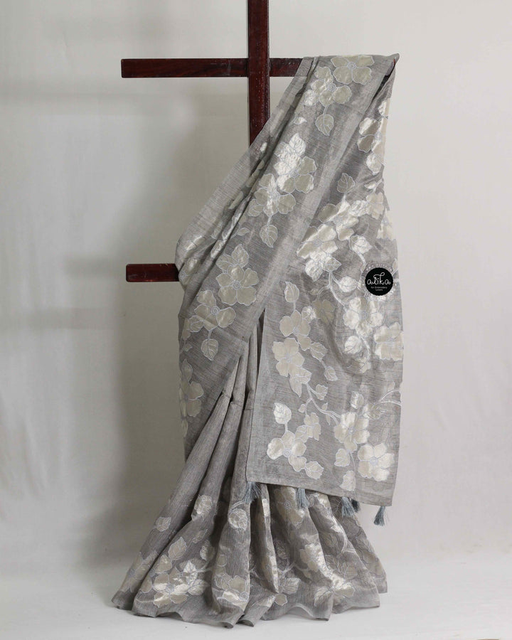 Grey Blue Semi Tissue Saree with Floral Appliqué Work