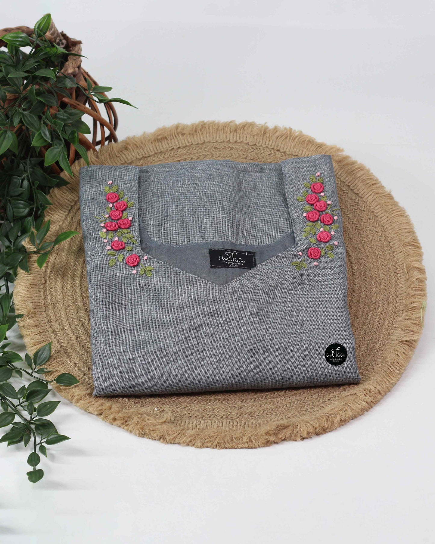 Gray Semi-Linen Stitched Kurti with Floral Hand Embroidery on Neckline & Top of the Sleeves