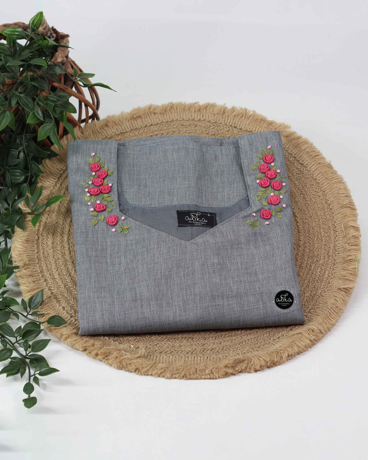 Gray Semi-Linen Stitched Kurti with Floral Hand Embroidery on Neckline &amp; Top