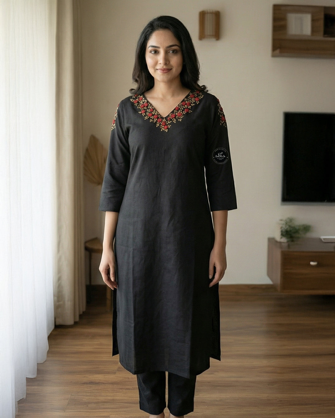 Black Semi-Linen Stitched Kurti with Floral Hand Embroidery on Neckline & Top of the Sleeves – Elegant Ethnic Wear for Women