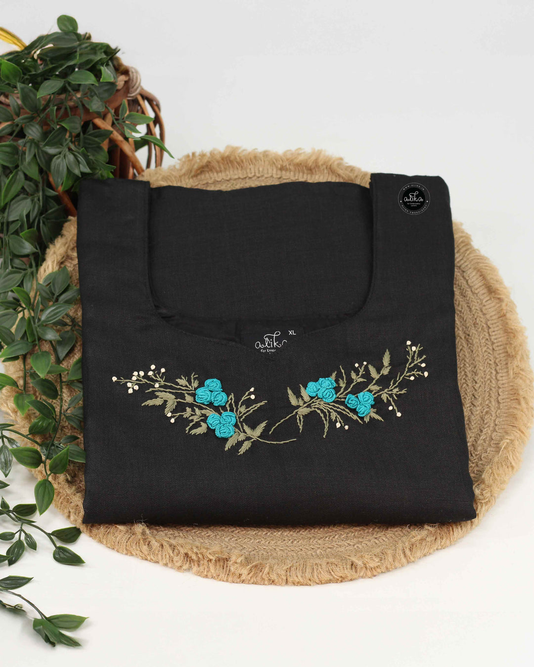 Black Semi-Linen Stitched Kurti with Floral Hand Embroidery on Neckline &amp; Sleeves