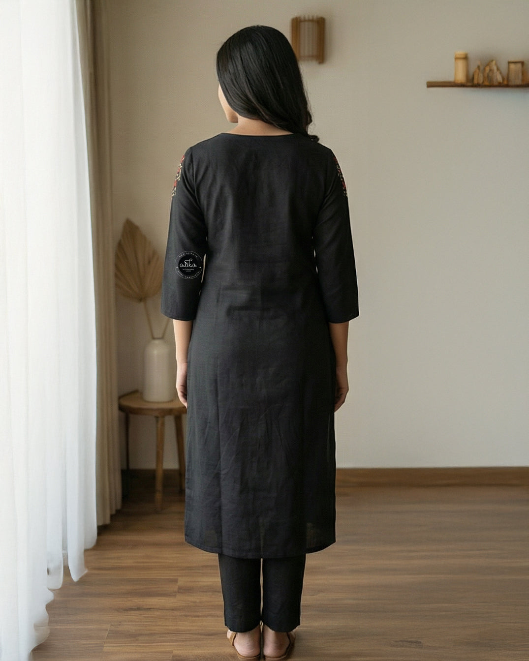 Black Semi-Linen Stitched Kurti with Floral Hand Embroidery on Neckline &amp; Top