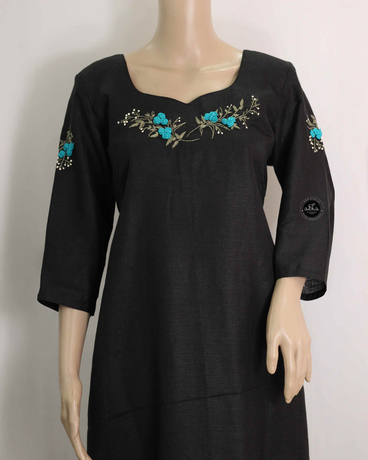 Black Semi-Linen Stitched Kurti with Floral Hand Embroidery on Neckline &amp; Sleeves