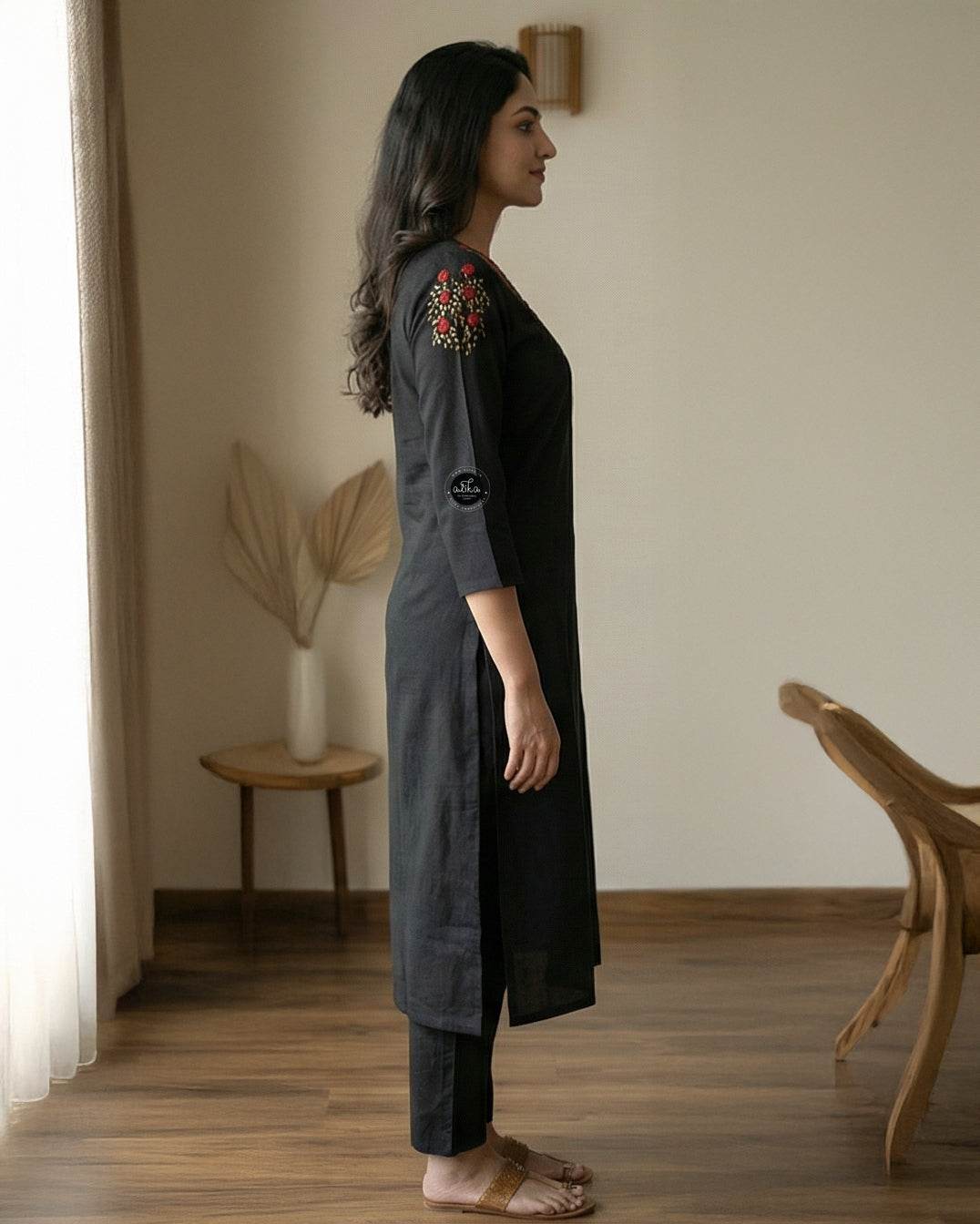 Black Semi-Linen Stitched Kurti with Floral Hand Embroidery on Neckline & Top of the Sleeves – Elegant Ethnic Wear for Women