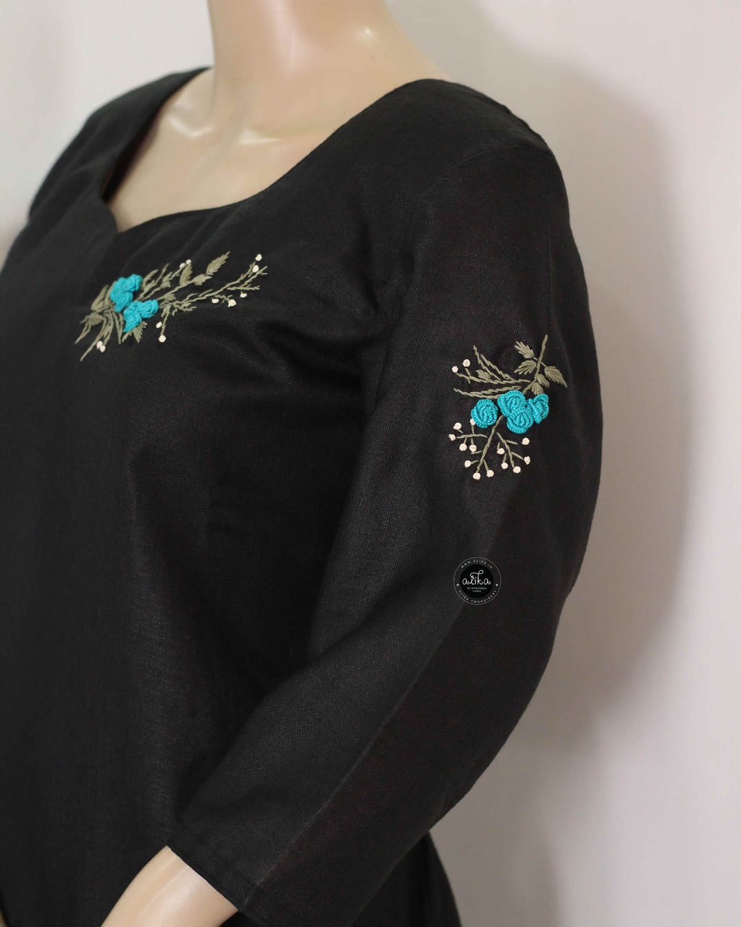 Black Semi-Linen Stitched Kurti with Floral Hand Embroidery on Neckline &amp; Sleeves