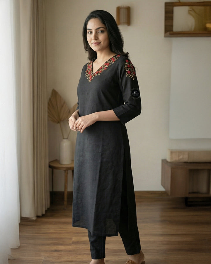 Black Semi-Linen Stitched Kurti with Floral Hand Embroidery on Neckline &amp; Top
