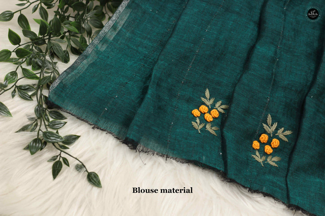 Dark Green Checked Linen Saree with Floral Hand Embroidery &amp; Sequin Work