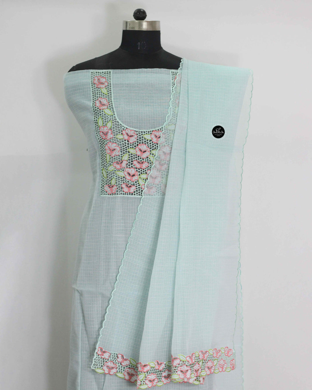 Light Blue Unstitched Kota Top and Dupatta Material with Floral Twine Cutwork