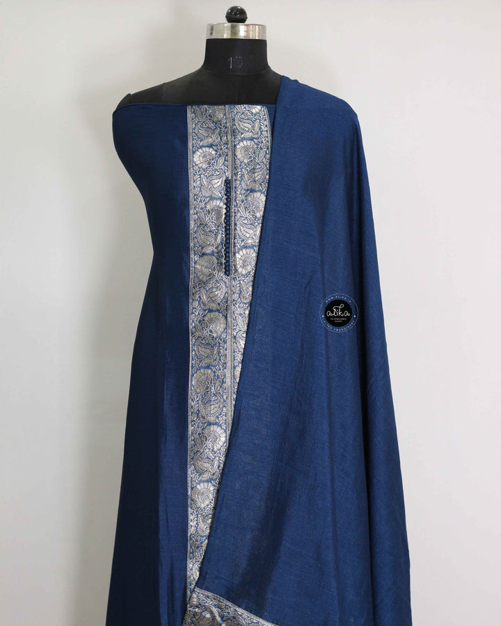 Navy Blue Semi-Silk Unstitched Salwar Set