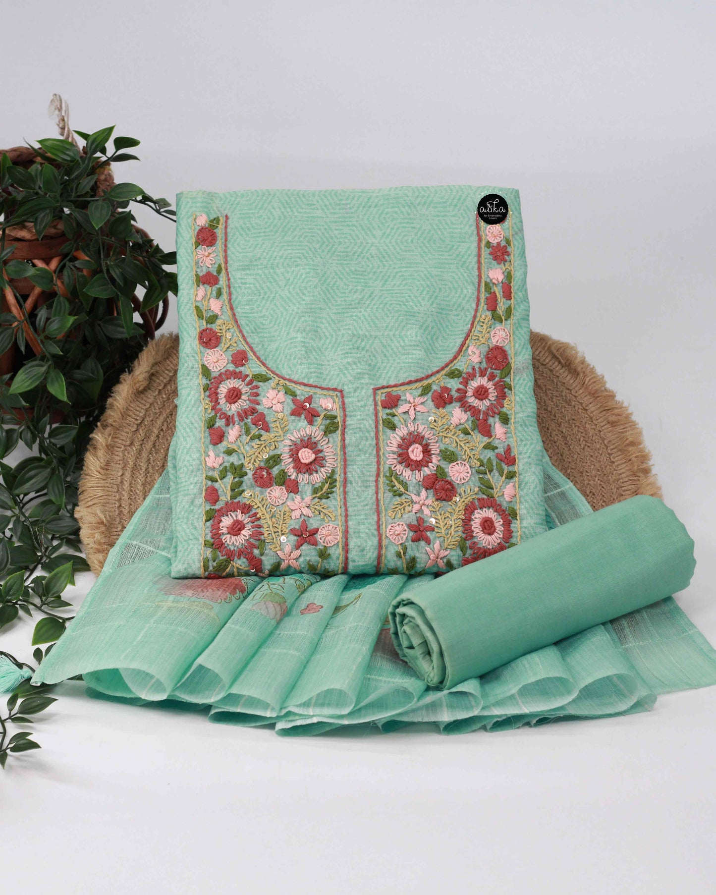 Light Aqua Green Chanderi Cotton Unstitched Salwar Set with Floral Hand Embroidery