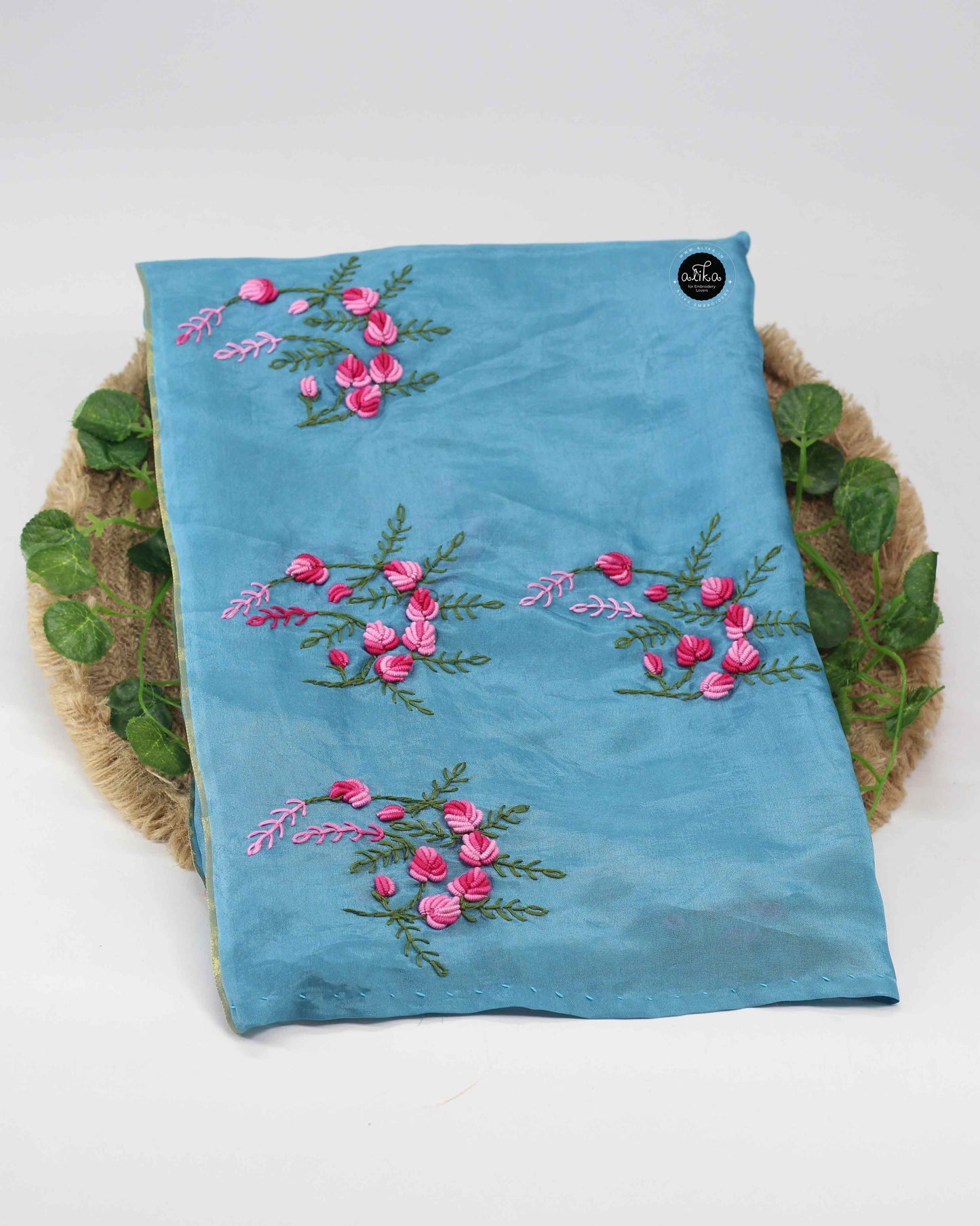 Sky Blue Uppada Silk Saree with Floral Hand Embroidery – Elegant Festive Wear