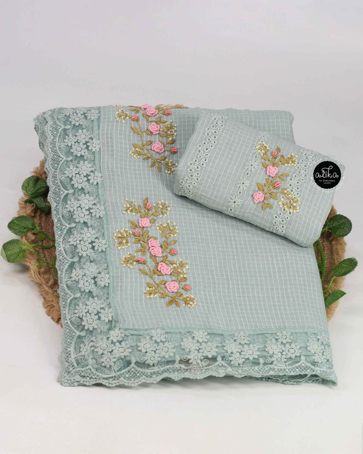 Light Turquoise Pure Cotton Saree with Floral Hand Embroidery &amp; Lace Border