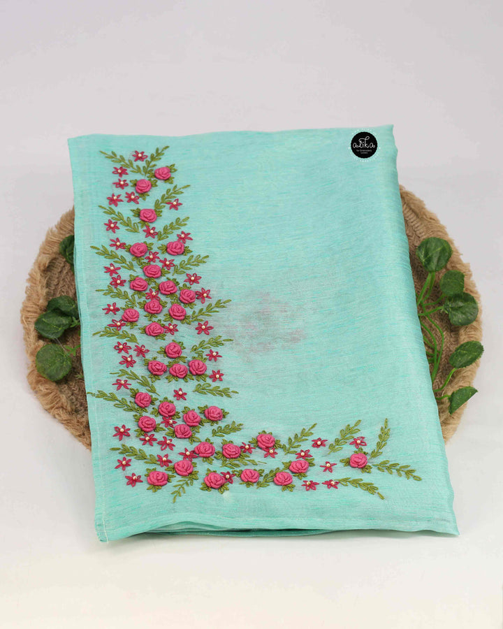 Turquoise Blue Designer Silk Saree with Floral Hand Embroidery