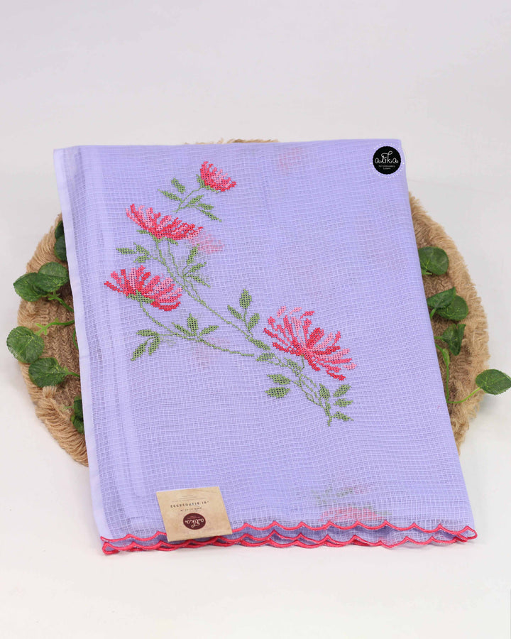 Lavender Cotton Kota Saree with Floral Cross Stitch Embroidery