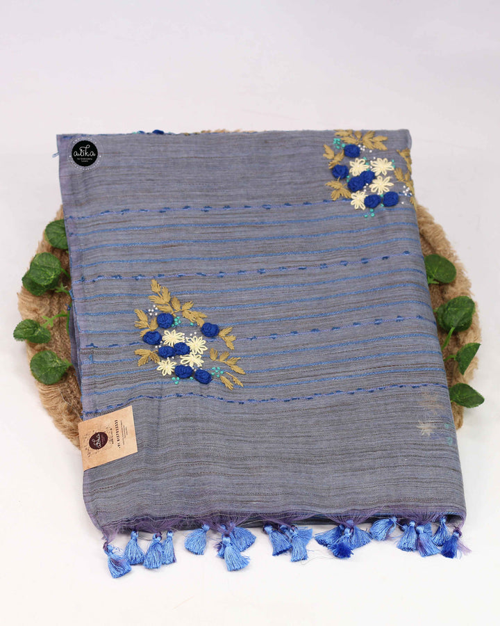 Gray Blue Bamboo Silk Saree with Floral Hand Embroidery and Bead Embellishments