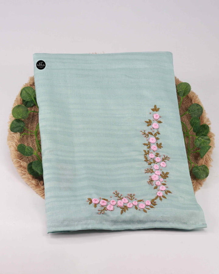 Pastel Blue Semi Silk Saree with Floral Hand Embroidery