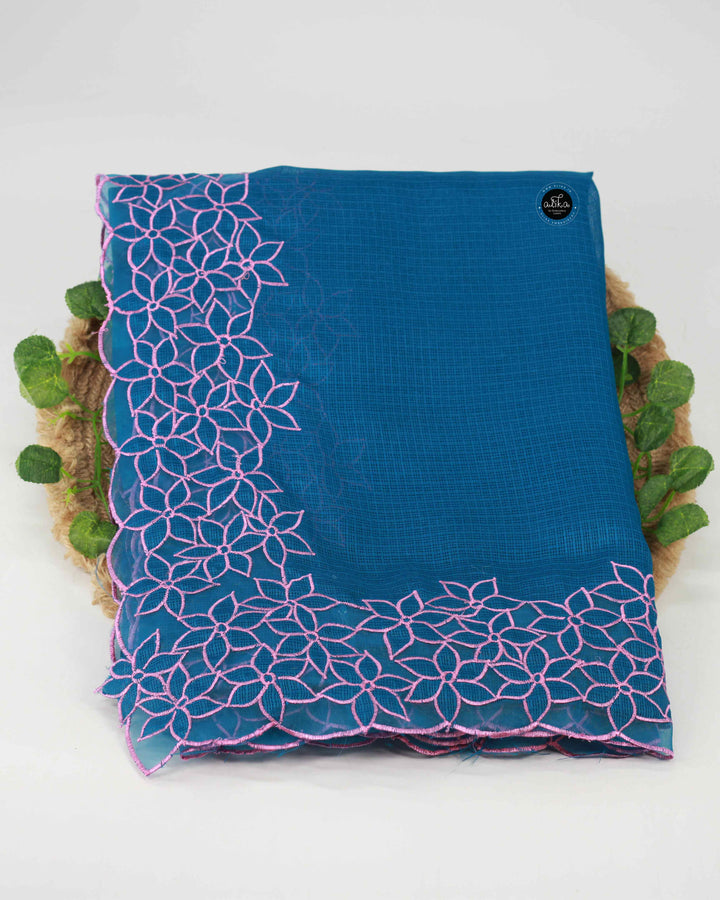 Teal Blue Silky Kota Saree with Floral Appliqué Border