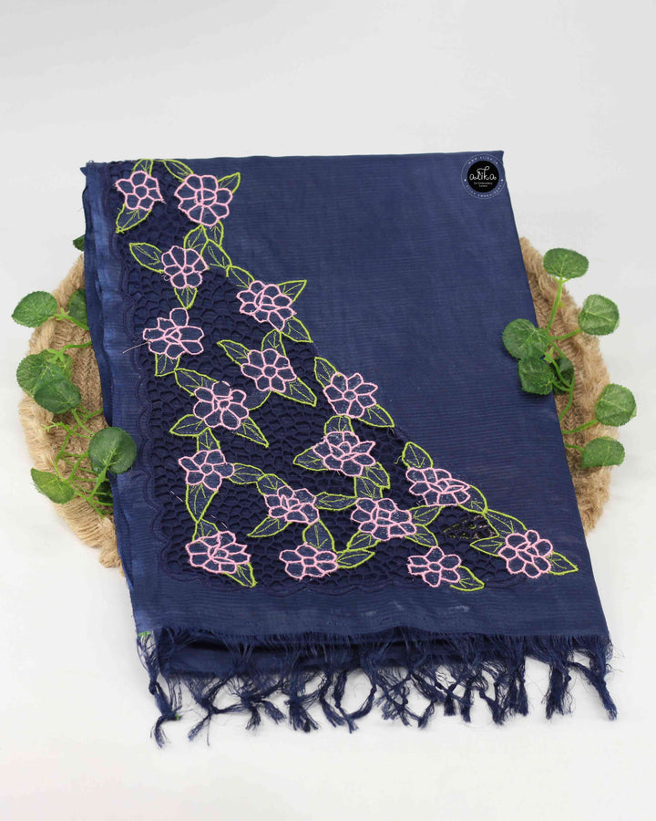 Navy Blue Semi Tussar Silk Saree with Floral Twine Cutwork
