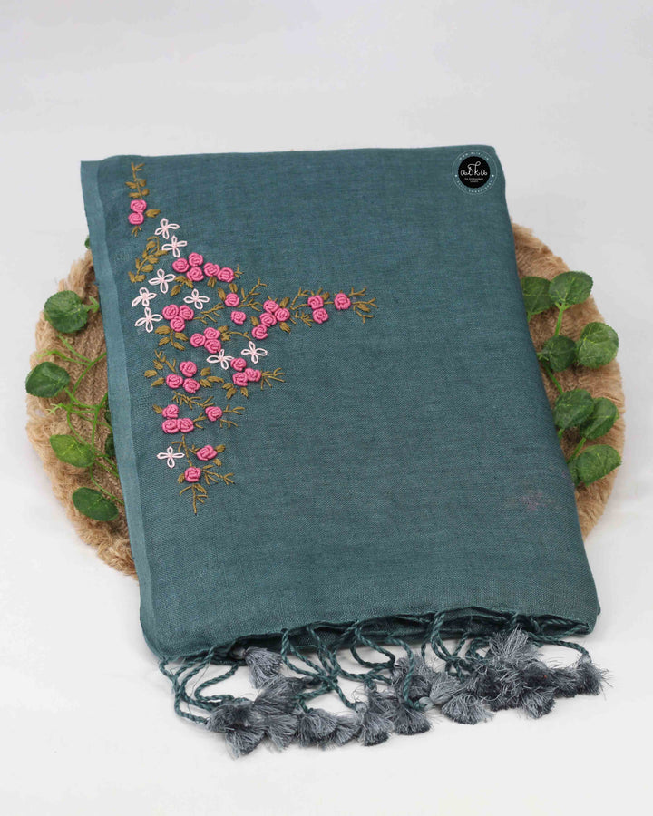Bluish Gray Pure Linen Saree with Floral Hand Embroidery