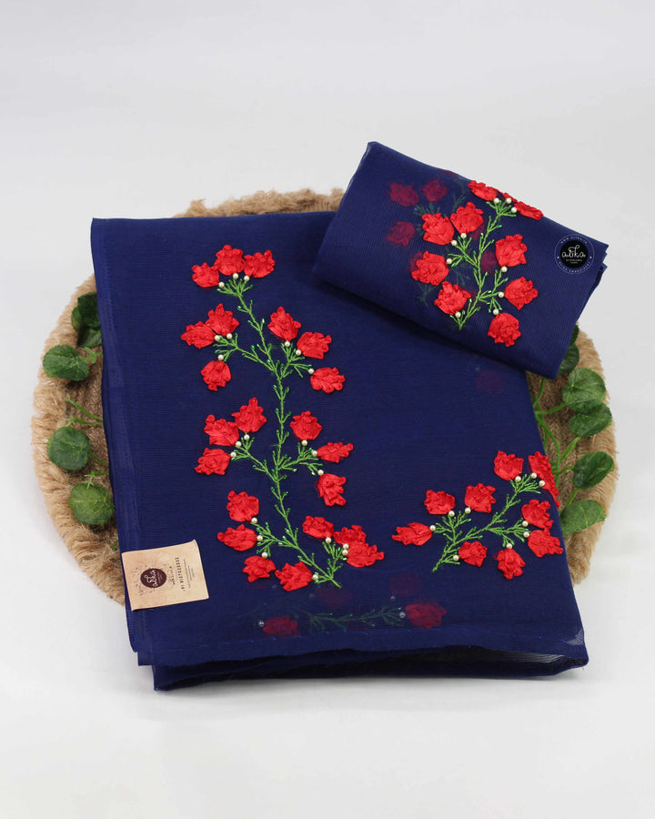 Navy Blue Kota Saree with Floral Red Ribbon Work