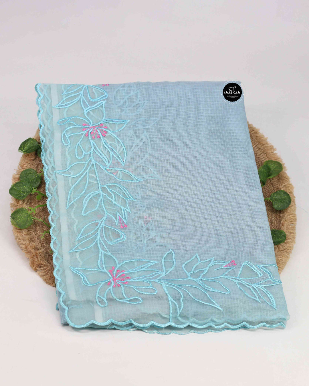 Pastel Blue Cotton Kota Saree with Floral Appliqué Border