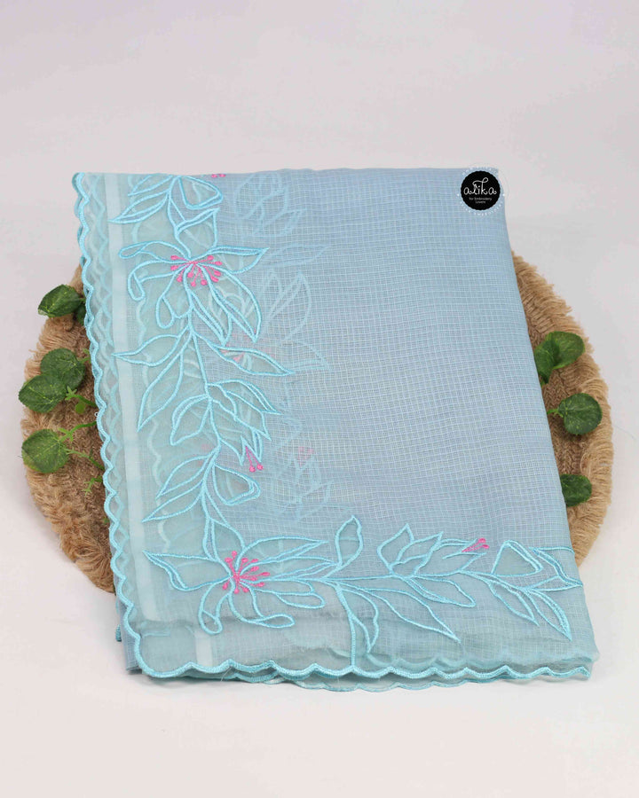 Pastel Blue Cotton Kota Saree with Floral Appliqué Border