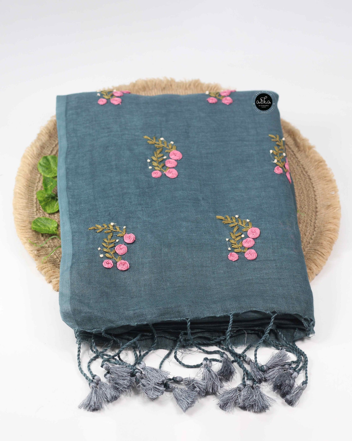 Dark green gray Pure Linen Saree with Floral Hand Embroidery and Bead Work